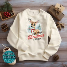 Load image into Gallery viewer, #OhDeerChristmasIsHere #VintageStyleSweatshirt #ChristmasSweater #RetroHolidayFashion #FestiveApparel #HolidayVintageWear #ChristmasDeerSweatshirt #SeasonalVintageStyle #VintageChristmasAttire #HolidaySeasonFashion #RetroChristmasWear #VintageVibes #RetroDesignSweater #ChristmasFashion #VintageHolidayLook #ChristmasDeerDesign #RetroInspiredApparel #HolidaySweatshirt #VintageChristmasSpirit #RetroChristmasStyle