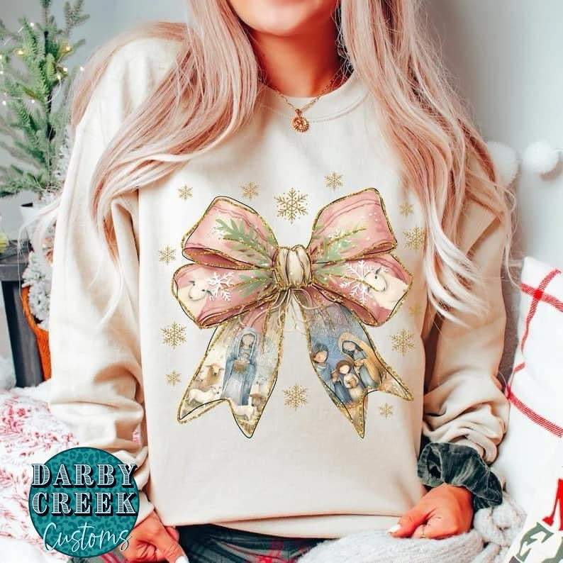 Nativity Scene Coquette Bow Sweatshirt