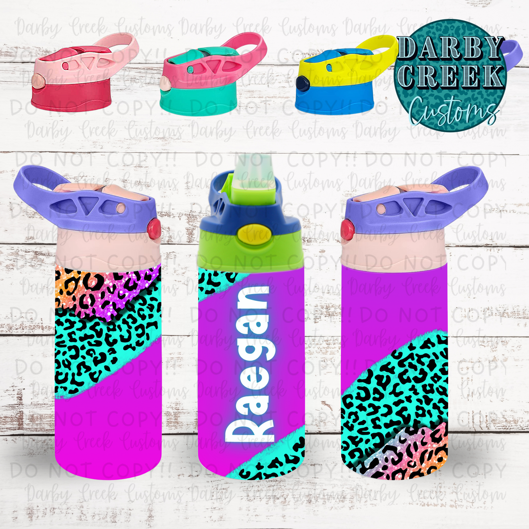 Neon Leopard Print Personalized Kids Flip Top Stainless Steel Tumbler